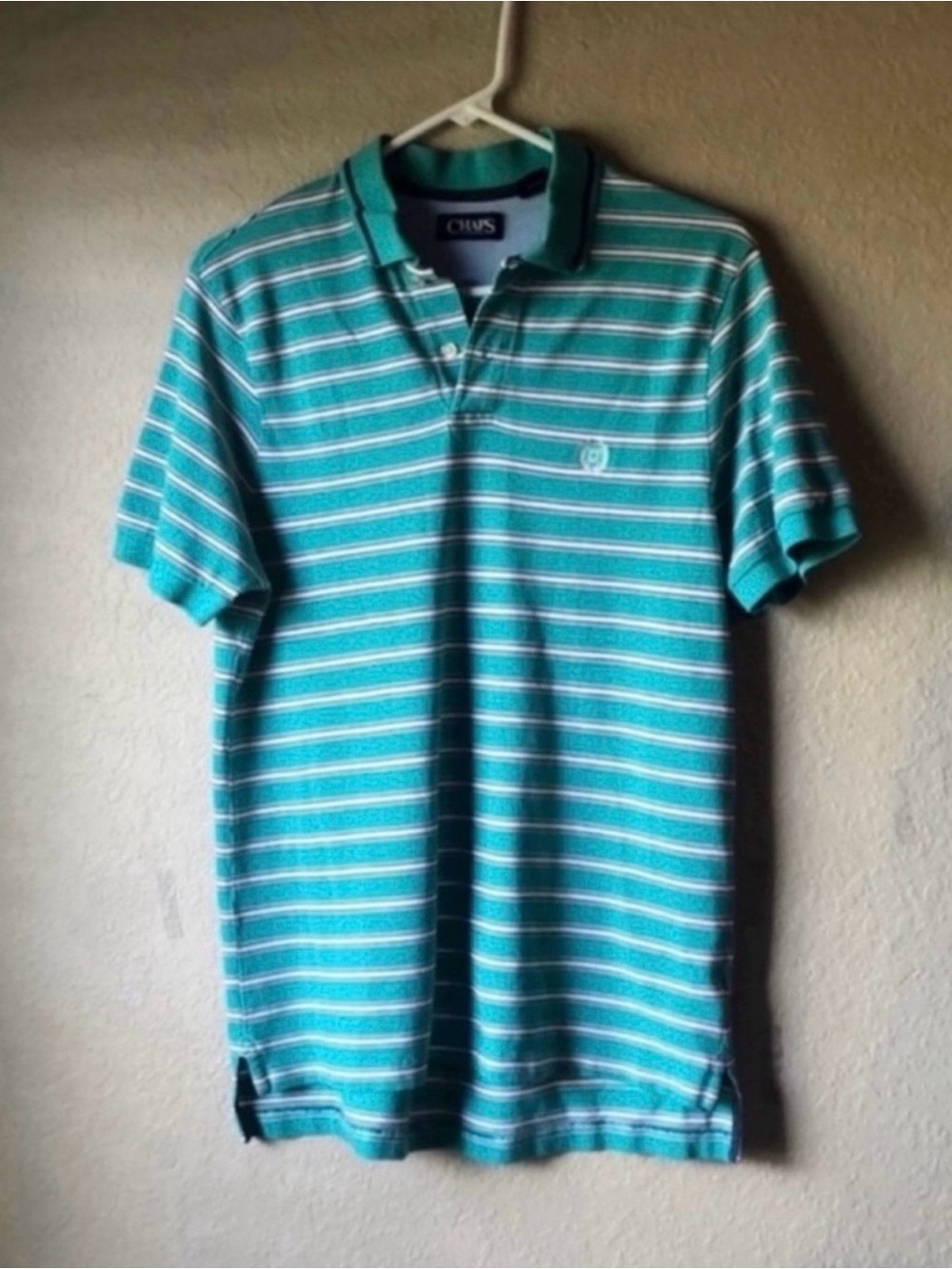 Chaps Shirt Men’s Polo Green Striped Short Sleeve Collared Polo Golf Top Sz M